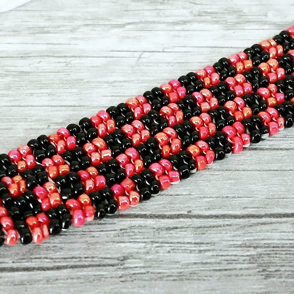 Hematite Gemstone Beaded Checker Bracelet, Adjustable Seed Bead Bracelet